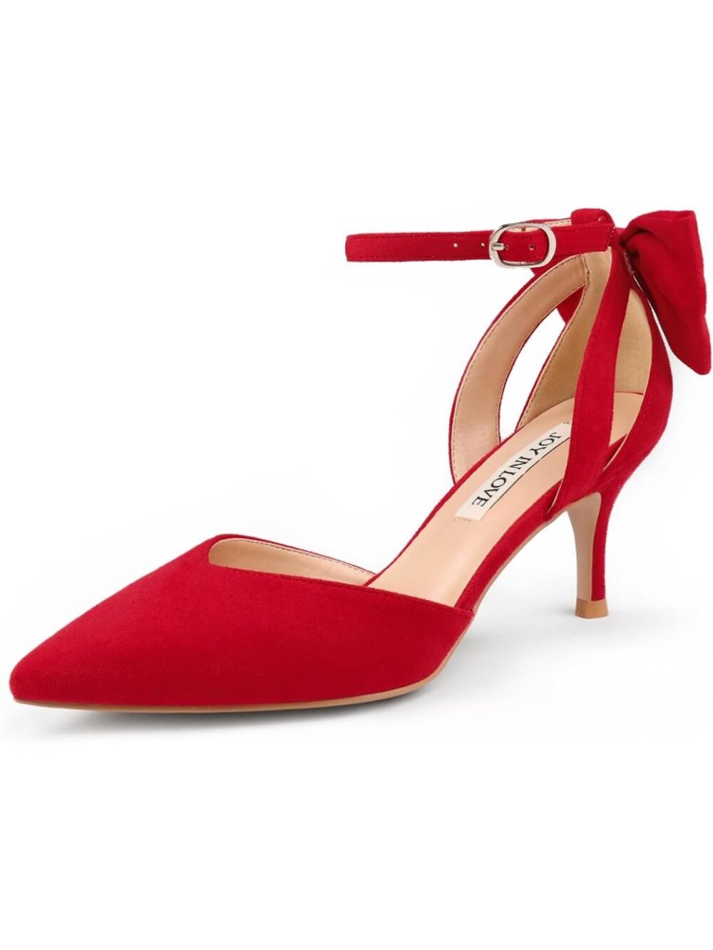 Women's Red Suede Kitten Bow Closed Pointed Toe Sandals Ankle Strap Dress Shoe